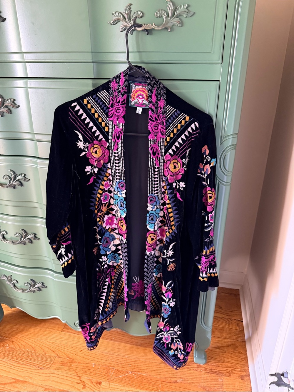 Johnny Was Black Velvet Open-Front kimono with Multicolor Floral Embroidery
